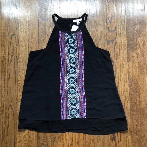3/$10 Pale Sky Black Mesh Sleeveless Aztec Western Halter Neck Blouse - Picture 1 of 6